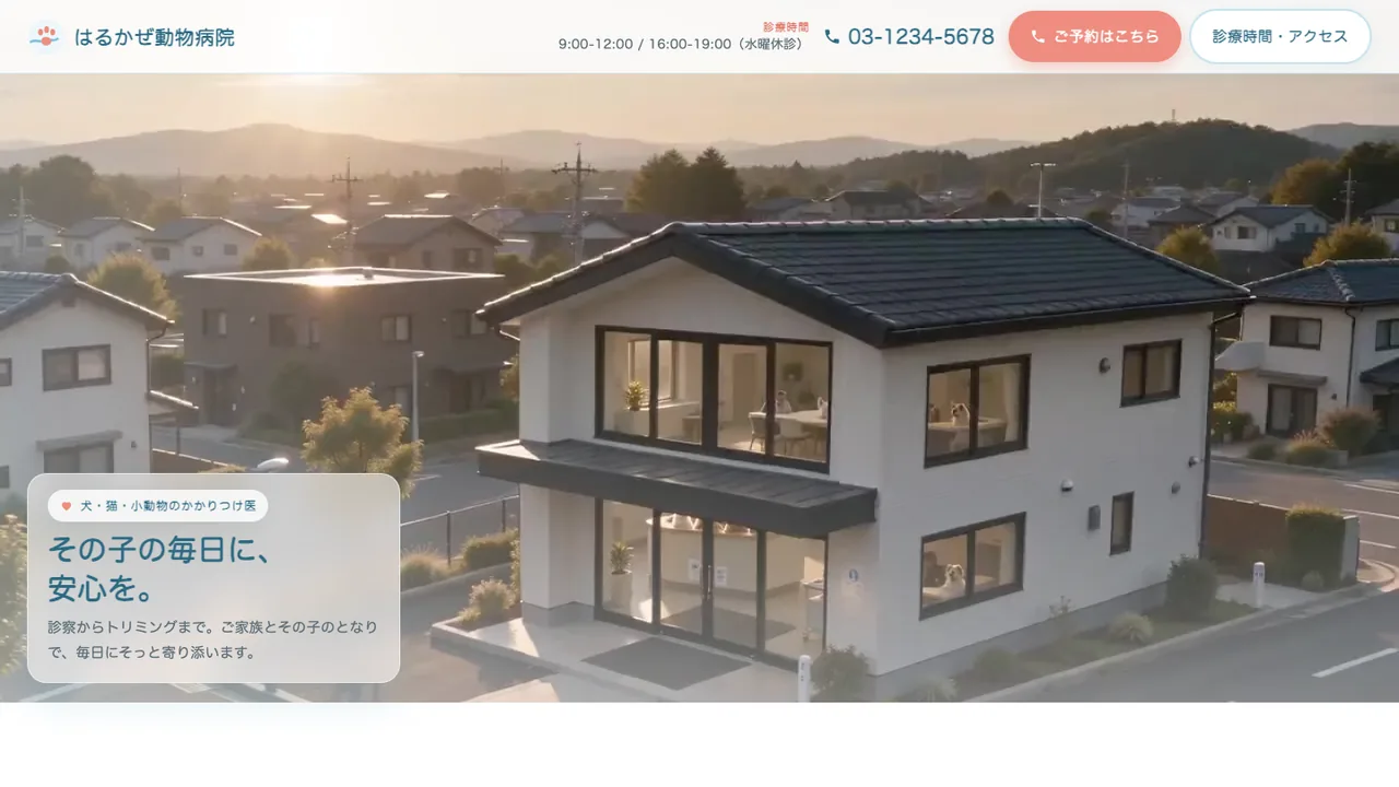 はるかぜ動物病院のデモサイトのトップ画面。夕暮れの住宅街に建つ病院を俯瞰した映像を背景に、「その子の毎日に、安心を。」のコピーが白いカードに置かれ、ヘッダーには診療時間と電話番号が並んでいる