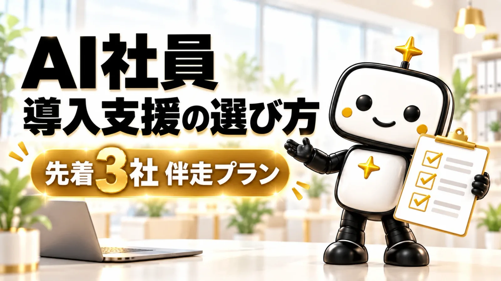 明るいオフィスを背景に、「AI社員 導入支援の選び方」の大きな黒い文字と金色の「先着3社 伴走プラン」の帯が並び、右側でチェックリストを持った白と黒のロボットのAI社員が手で案内しているイラスト
