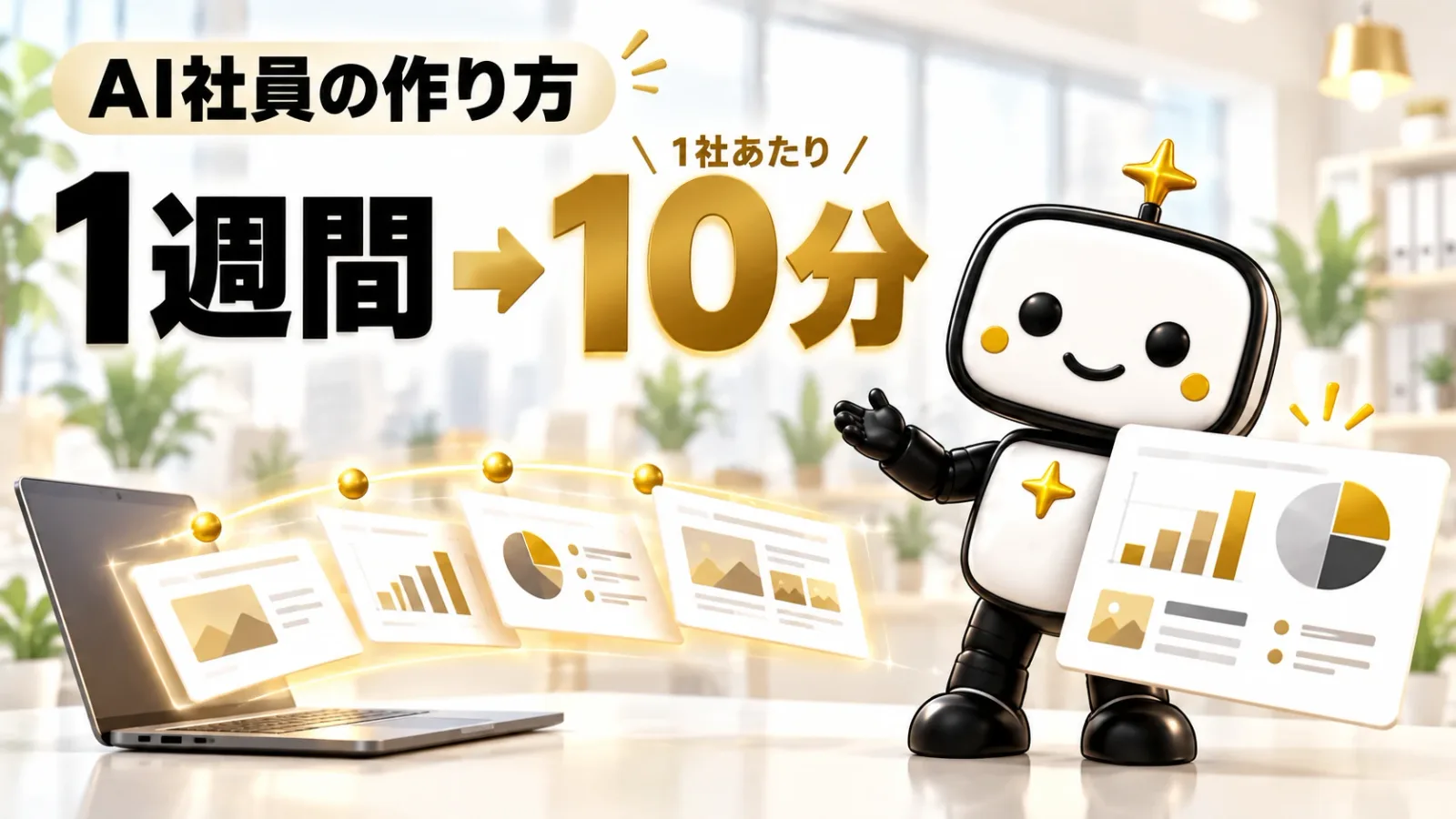 明るいオフィスで、白と黒のロボットのAI社員が、ノートパソコンから次々と出てくる商談用のスライドを受け取っている。「AI社員の作り方」「1社あたり 1週間→10分」の文字入り