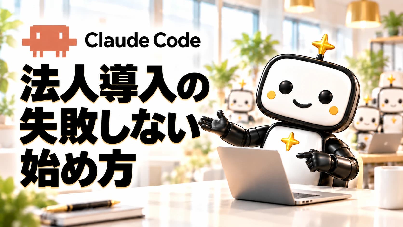 明るいオフィスを背景に、「Claude Code 法人導入の失敗しない始め方」の大きな黒い文字が並び、右側でノートパソコンの前に座った白と黒のロボットのAI社員が手で案内しているイラスト