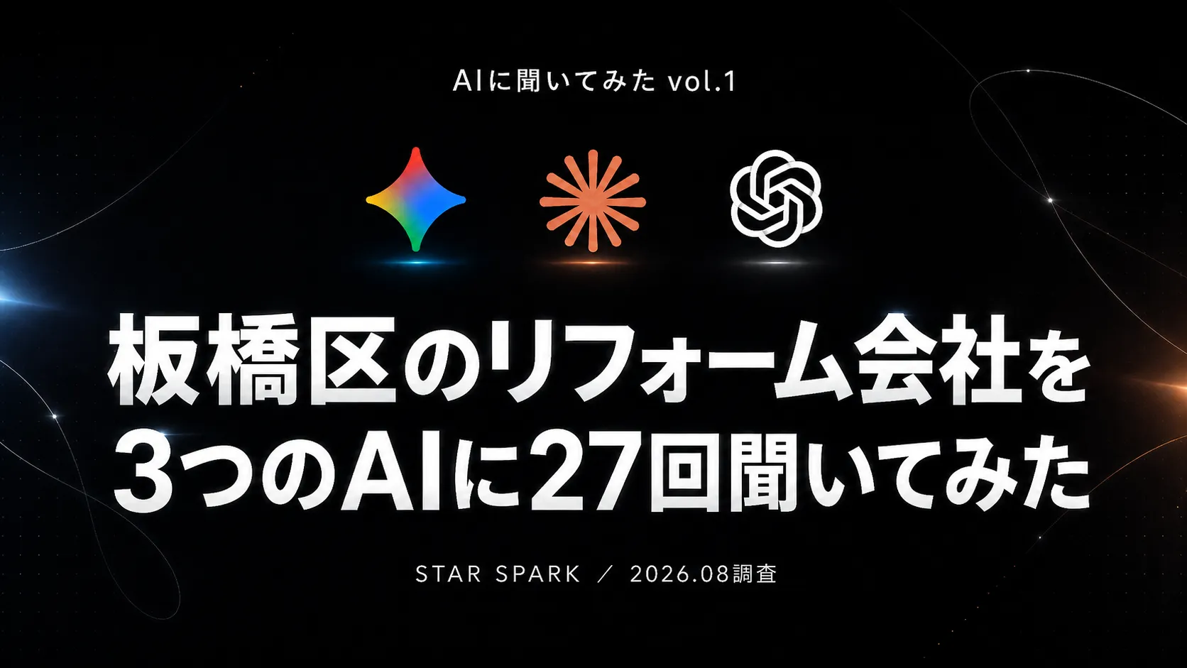 「板橋区のリフォーム会社をAIに27回聞いてみた」の見出しと、3つのAIのアイコンから会社名のリストが並ぶ集計イメージの図