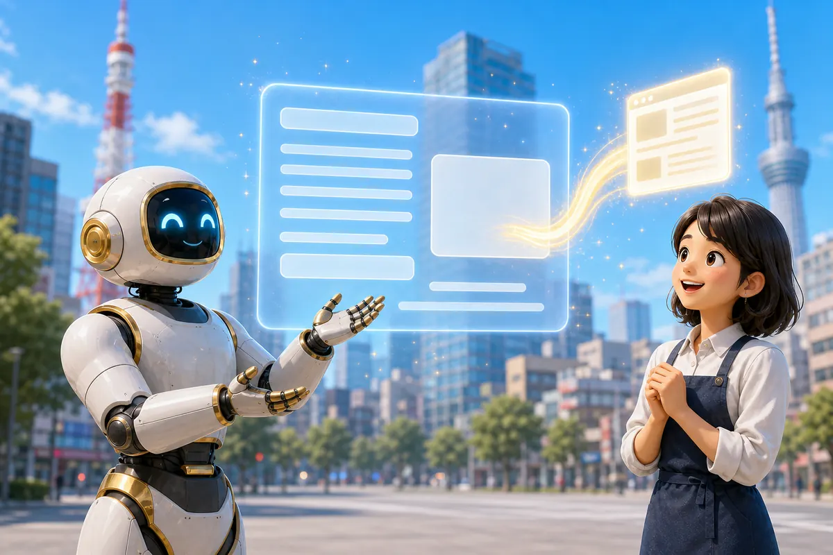 AIロボットが示すホログラムの回答画面に、1枚のWebページから金色の光が流れ込み、それを店主の女性が見上げているイラスト