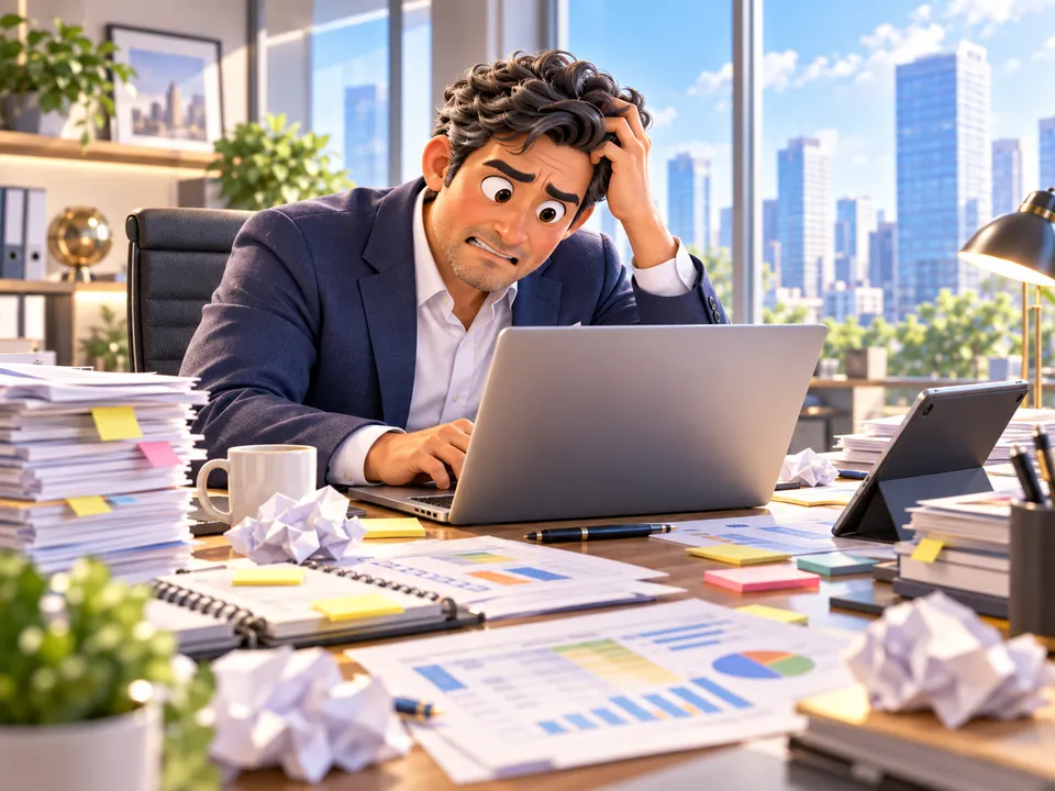 書類の山とメモが散らばった机で、スーツの男性がノートPCに向かって頭を抱えている
