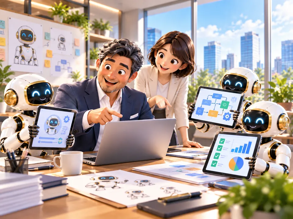 笑顔の男性社長と女性スタッフがノートPCを指さし、まわりで白い小型ロボットのAI社員たちが業務の流れ図やグラフを映したタブレットを見せている
