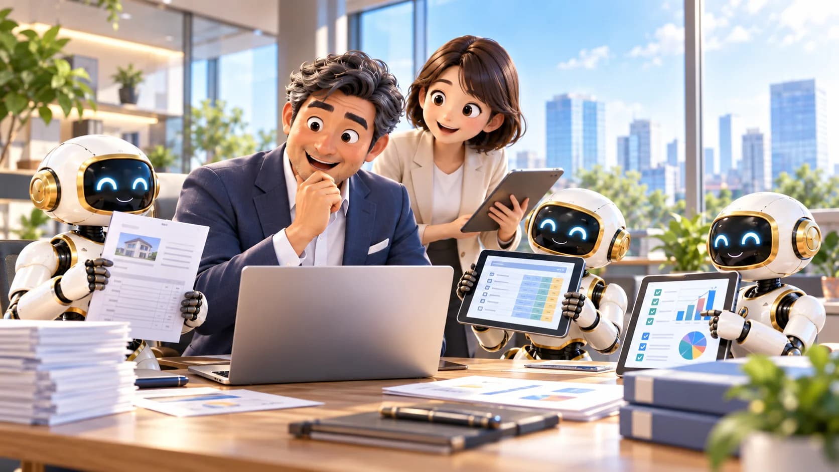 明るいオフィスで、スーツの男性社長と女性スタッフが笑顔でノートPCとタブレットをのぞき込み、そのまわりで白い小型ロボットのAI社員たちが見積書や表・グラフの画面を持って手伝っている