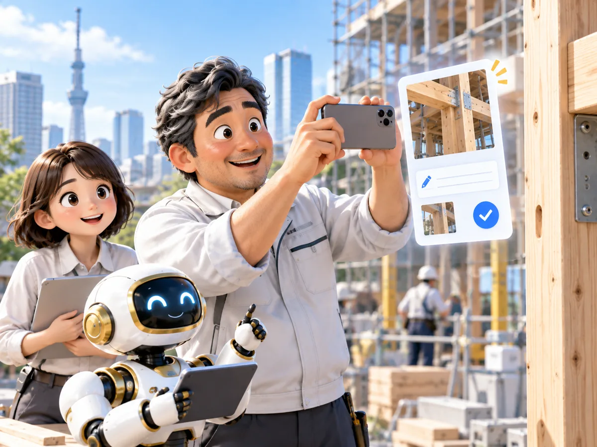 工務店の社長が建築中の木造の現場をスマホで撮影し、撮った写真とメモがカードにまとまっているイラスト。横で事務の女性とロボットのAI社員が見守っている