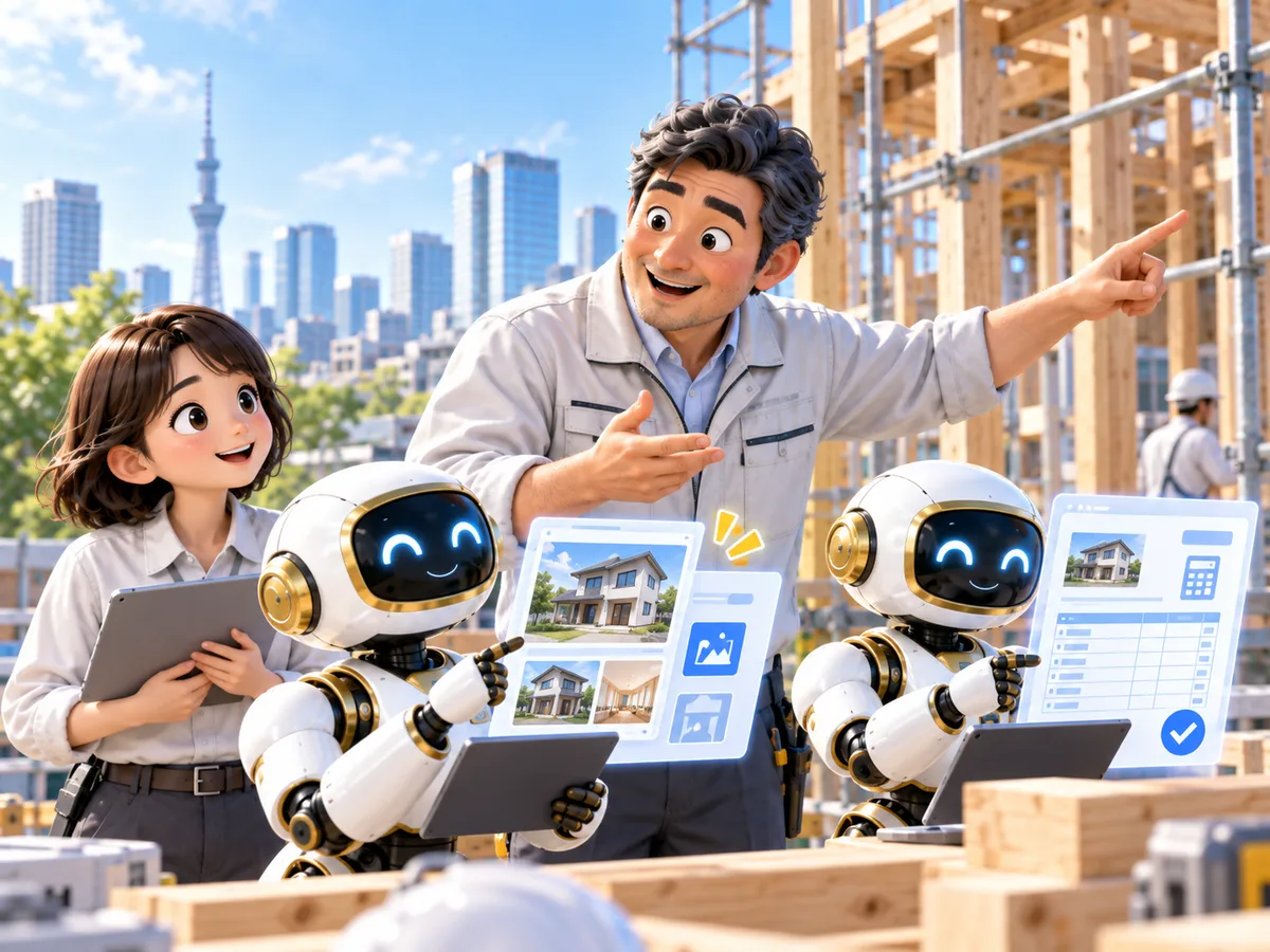 社長が現場を指さしながらロボットのAI社員に話しかけ、AI社員が施工事例の画面と見積書の画面を作り始めているイラスト