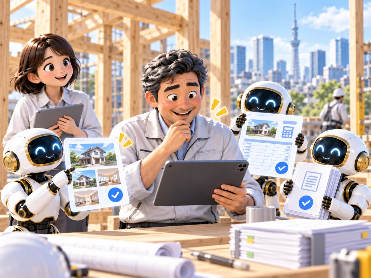 机に座った社長がタブレットで中身を確認し、まわりのAI社員が完成した施工事例・見積書・提出書類をチェックマーク付きで差し出しているイラスト