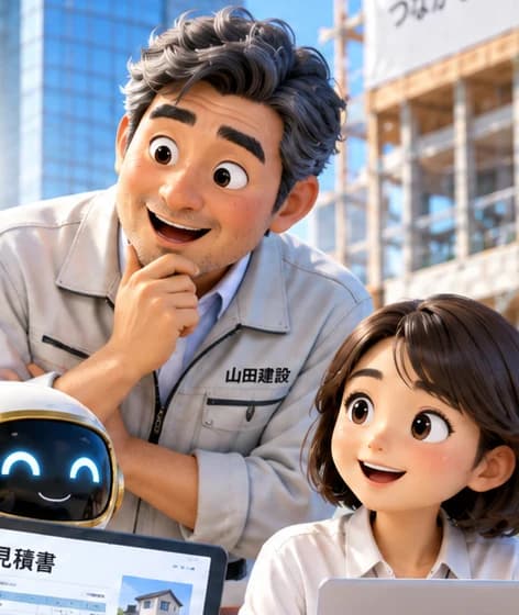作業着を着た工務店の社長と事務の女性が、見積書のタブレットと施工事例の画面を持ったロボットのAI社員と一緒に、建築中の現場を背にした机を囲んでいるイラスト