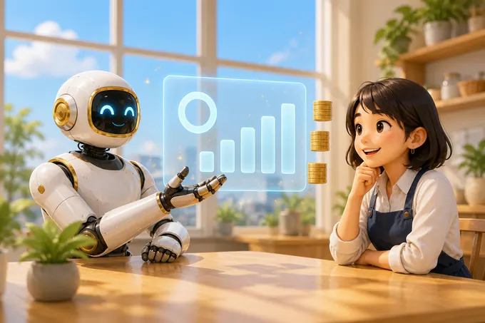 AIロボットと女性が、抽象的なグラフのパネルとコインを前に費用の見通しを話しているイラスト