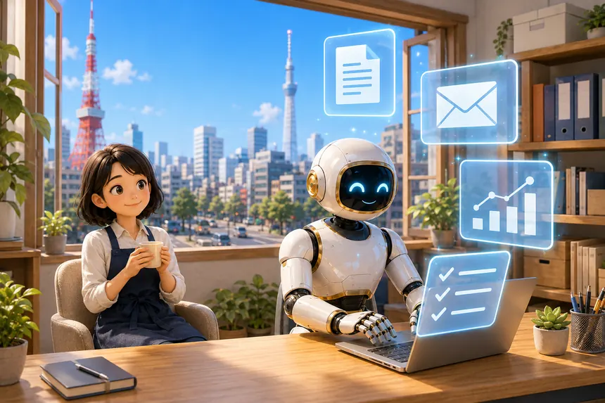 窓際のオフィスの机でAIロボットがノートPCを操作し、隣で店主の女性がマグカップを持って穏やかに見守っているイラスト。書類・メール・グラフ・チェックリストの半透明のアイコンが宙に浮かんでいる