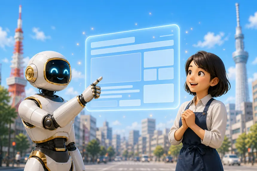 AIロボットがWebサイトの画面を指し示し、店主の女性と一緒に見ているイラスト