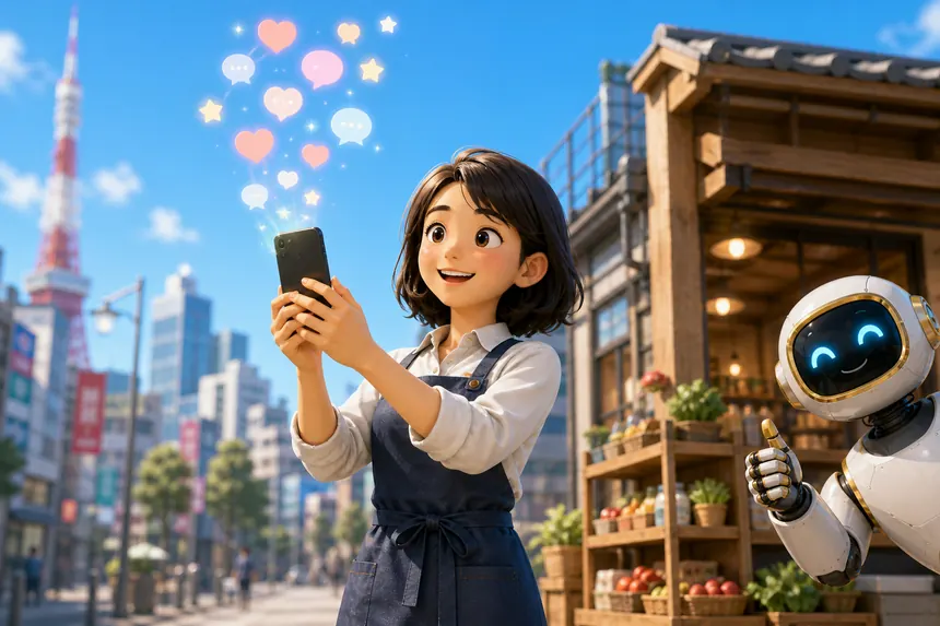 店先でスマートフォンを掲げる店主の女性と、画面から舞い上がる「いいね」のアイコンのイラスト