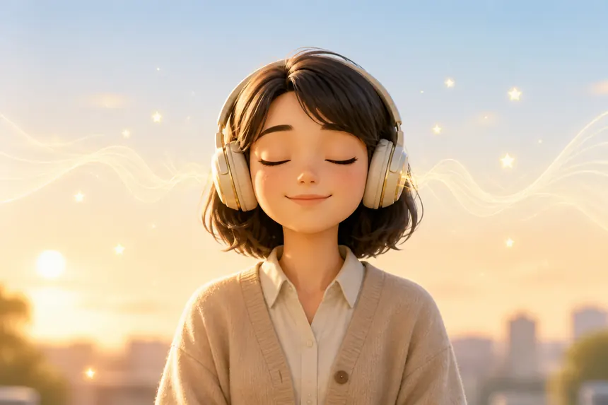 ヘッドフォンで音声アファメーションを聴き、穏やかに目を閉じる女性のイラスト