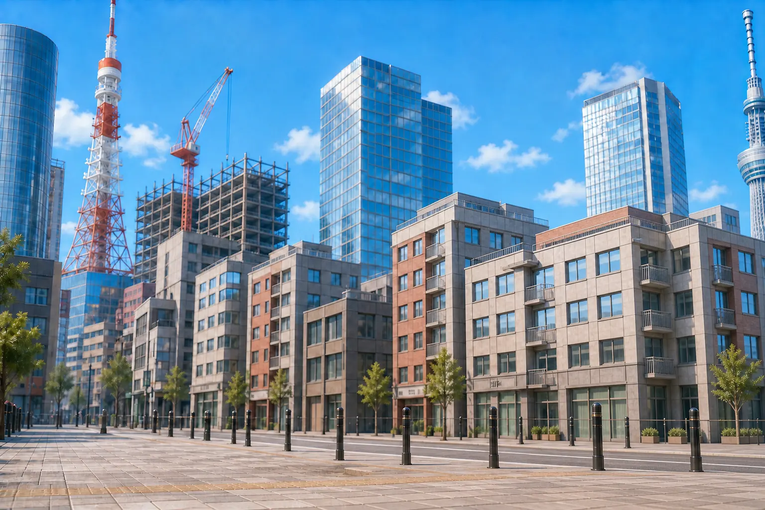 青空の下、東京タワーとスカイツリーが見える街並みと、人の姿がない通りのイラスト