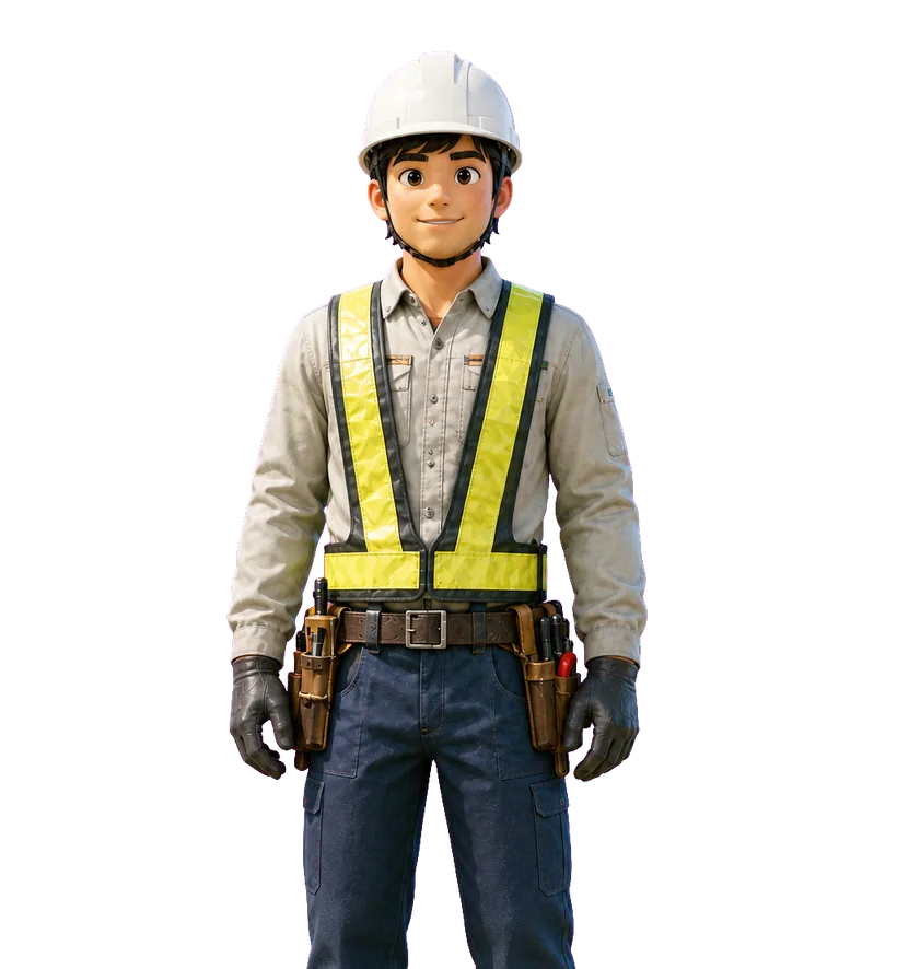 白いヘルメットと黄色の安全ベストを着た建設作業員が、作業の手を止めてこちらを見て微笑んでいるイラスト