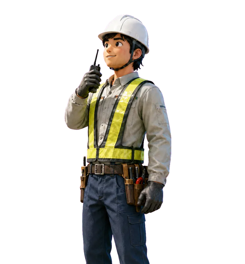 白いヘルメットと黄色の安全ベストを着た建設作業員が、トランシーバーを手に話しているイラスト