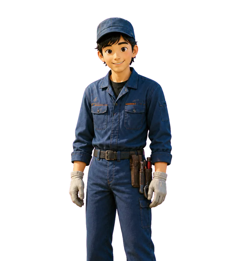 紺の作業帽と作業着を着た町工場の職人が、作業の手を止めてこちらを見て微笑んでいるイラスト
