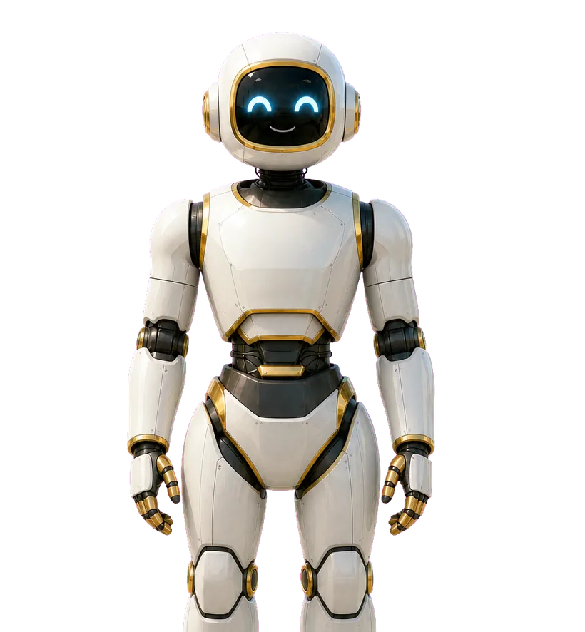 金色の関節と青く光る目を持つ白い人型のAIロボットが、パネルから顔を上げてこちらを見ているイラスト