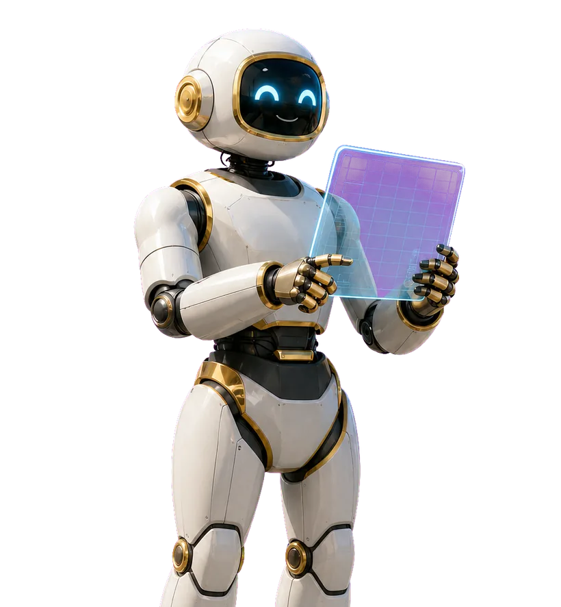 金色の関節と青く光る目を持つ白い人型のAIロボットが、半透明のホログラムパネルを操作しているイラスト