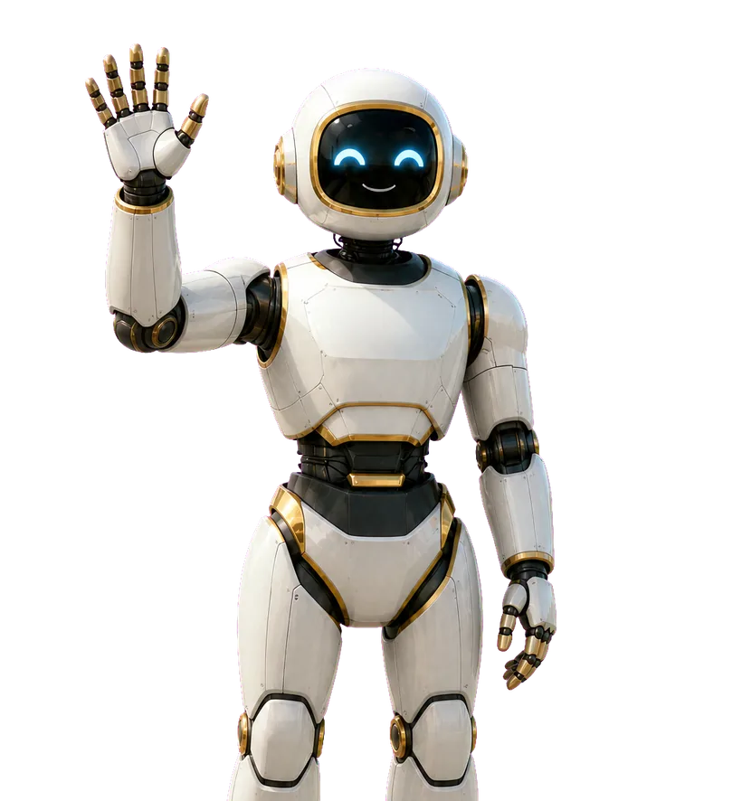 金色の関節と青く光る目を持つ白い人型のAIロボットが、こちらを見て手を高く上げて手を振っているイラスト
