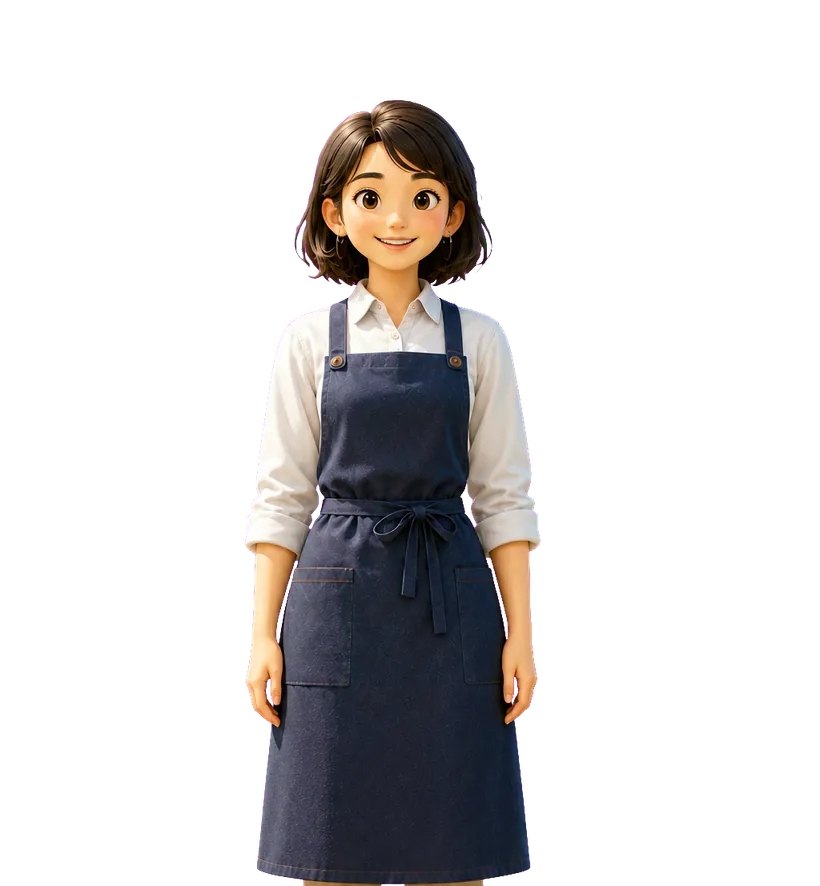 白いシャツに紺のエプロンを着けた商店の女性店主が、こちらを見て微笑んでいるイラスト