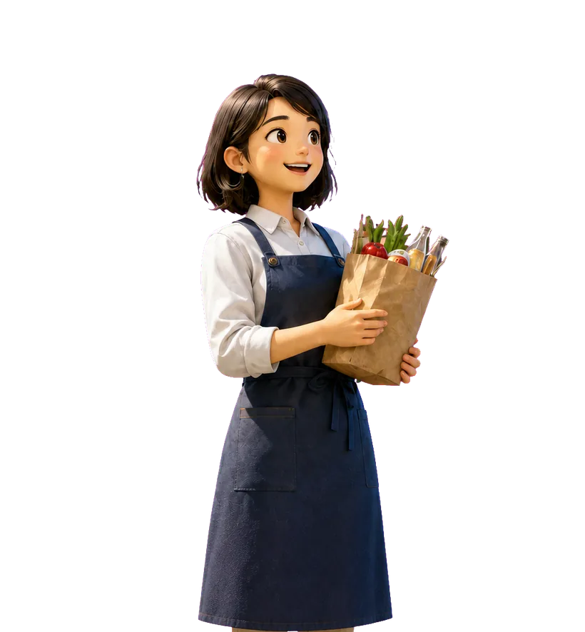 白いシャツに紺のエプロンを着けた商店の女性店主が、野菜の入った紙袋を両手で抱えているイラスト